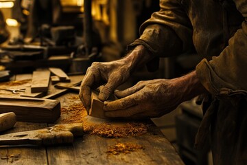 Aufkleber - A craftsman shapes wood with care, surrounded by tools and shavings in a workshop.