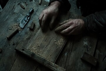 Aufkleber - Hands working on a wooden surface with tools, showcasing craftsmanship and woodworking.