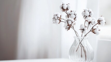 Poster - A delicate glass vase holds cotton flowers against a soft, light background.