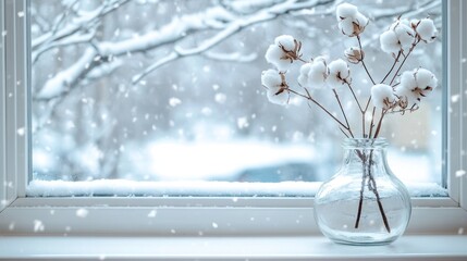 Poster - A serene winter scene featuring cotton branches in a vase against a snowy backdrop.