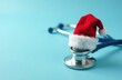 © kilimni - Medical stethoscope in Santa's hat on light blue background. Christmas and New Year in medicine. Medical winter banner