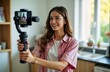 © Pete - Smiling young woman films video using phone stabilizer. Casual attire home office. Happy entrepreneur creates online content. She works remotely. Marketing business.