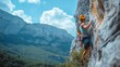 © Yuliia - Climber ascends a rock face in a beautiful mountainous area under a bright blue sky