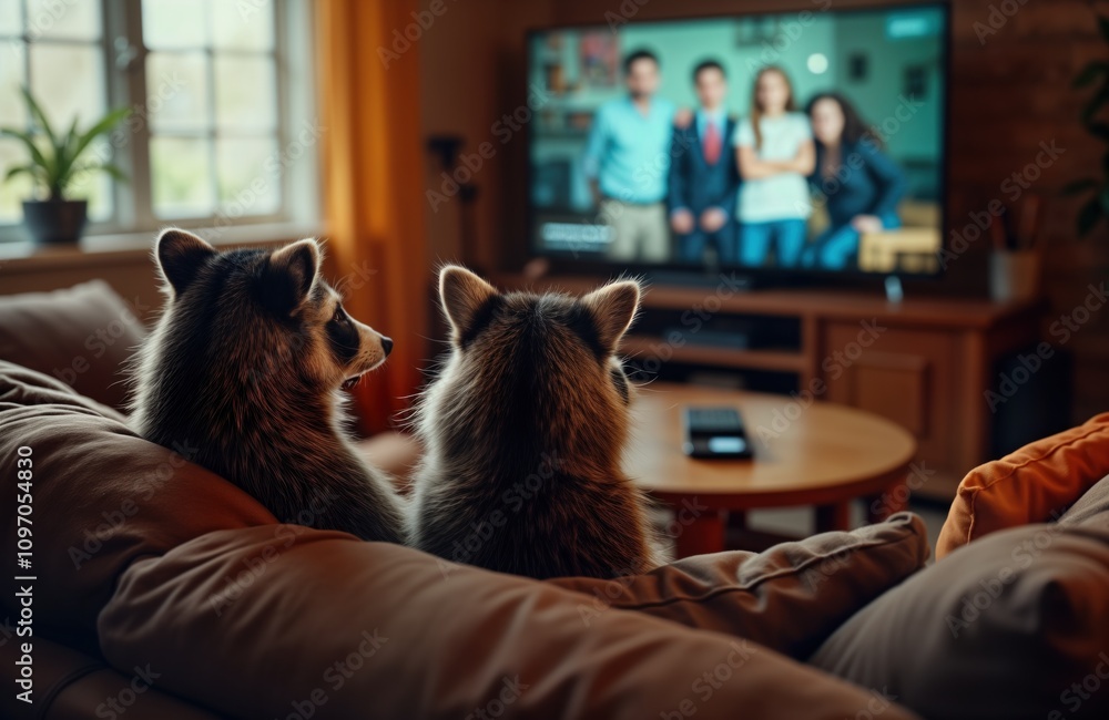 Two raccoons watch TV series on sofa. Cute animals enjoy movie night at ...