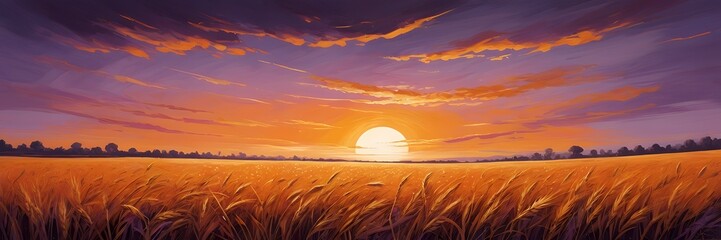 Wall Mural - Sunset in the grain field painting, sunrise or sunset painting for the wall illustration image.