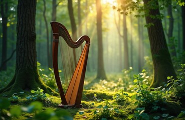 Celtic harp sits in sunlit enchanted forest. Irish music symbol. St Patricks Day. Nature scene. Holiday celebration. Ireland culture. Musical instrument. Traditional art. Green foliage. Serene peace.