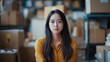 © Generative ART - Young woman in a warehouse surrounded by cardboard boxes, expressing a calm and focused demeanor.