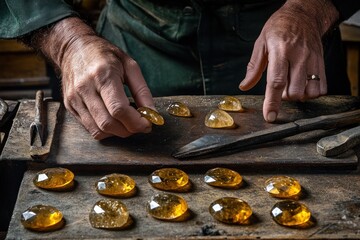 Aufkleber - A craftsman arranging polished amber gemstones on a wooden surface for evaluation.