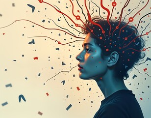 Poster - Woman profile view surrounded colorful abstract noise. Digital art concept. Mental health theme. AI generated illustration. Creative banner design. Social media post. Psychology problem.
