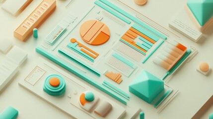 Aufkleber - Abstract 3D design featuring geometric shapes and data visualization elements.