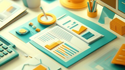 Poster - A colorful workspace with documents, charts, and office supplies for business analysis.