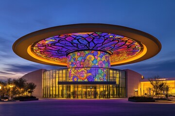 Leinwandbilder - A colorful, illuminated building with a vibrant ceiling design at dusk.
