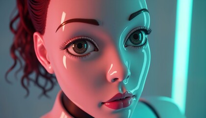Fototapete - AI humanoid robot face close up. Female android looks at camera. Cyberpunk style. Realistic 3D model. Futuristic tech. Artificial intelligence. Digital art. Science fiction. Modern beauty. Woman
