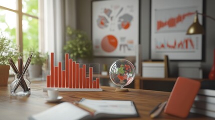 Poster - A workspace with charts, a globe, and books, emphasizing data analysis and organization.