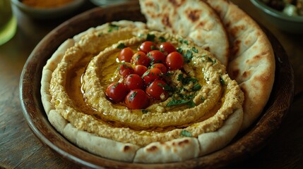 Wall Mural - Delicious hummus with cherry tomatoes and fresh pita bread