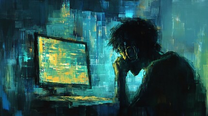Abstract Painting of a Man Working on a Computer at Night