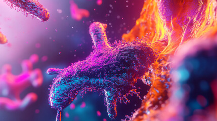 Poster - Bacteria attacking cells: a colorful and vibrant microscopic scene