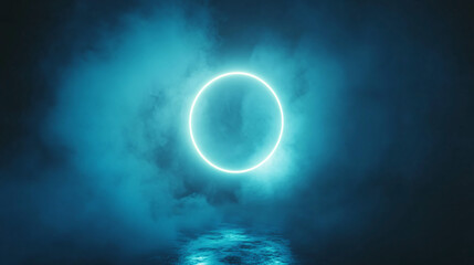 Leinwandbilder - Luminous neon ring hovers in a hazy, ethereal space, casting its radiance onto the glistening ground, evoking a mystical and futuristic atmosphere