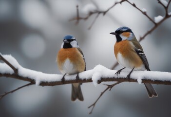ai generated two birds of the titmouse sitting on a branch covered with snow