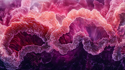 Fototapete - Microscopic view of organic tissue with cells dividing and growing, forming complex structures with vibrant pink and purple hues