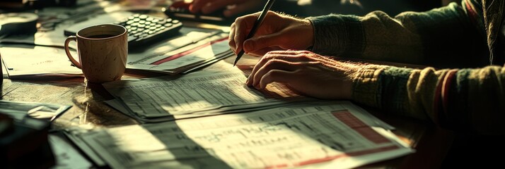 Poster - A person writing notes and calculations on paperwork at a desk with a coffee cup.