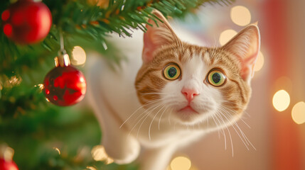 Wall Mural - Cat curiously exploring a decorated Christmas tree during holiday season