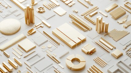 Leinwandbilder - A collection of gold geometric shapes and structures arranged artistically.