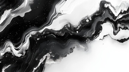 Abstract fluid art marble flowing pattern with modern black, white and gold metallic gradient color background