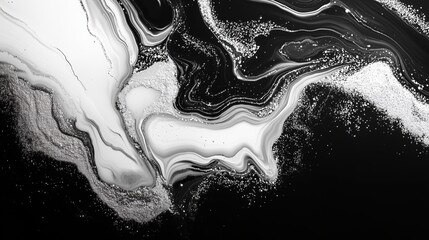 Abstract fluid art marble flowing pattern with modern black, white and gold metallic gradient color background