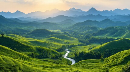 Sticker - Serene landscape of lush green hills, valleys, and a winding river under a soft sunset sky.