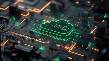 Aufkleber - A digital representation of cloud computing with circuit patterns and glowing elements.