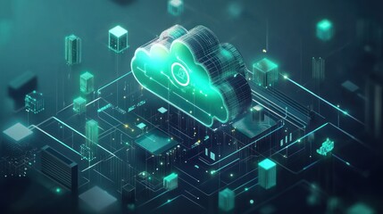 Aufkleber - Digital cloud computing concept with interconnected data blocks and futuristic design.