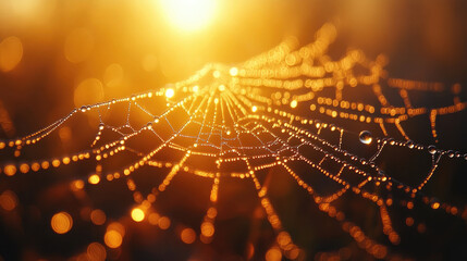 Dew-Covered Spiderweb at Sunset