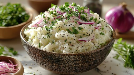 Wall Mural - Creamy coleslaw with red onion and parsley in rustic bowl on marble table