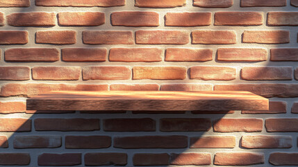 Aufkleber - Wooden shelf on brick wall, bathed in sunlight casting dramatic shadows, ideal for displaying products or showcasing items