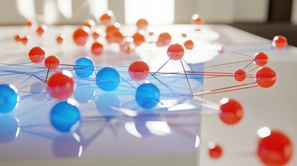 Aufkleber - Abstract representation of molecular structures with red and blue spheres connected by lines.