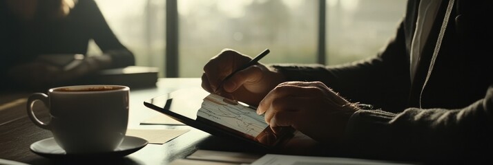 Poster - A person writes in a notebook beside a coffee cup, suggesting reflection or planning.