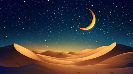 Wall Mural - Starry night in the desert: sand dunes, crescent moon, and beautiful landscape