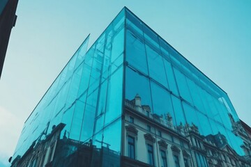 Leinwandbilder - A modern glass building reflecting traditional architecture under a blue sky.