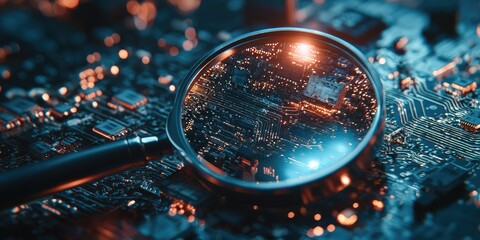 Fototapete - A magnifying glass inspecting network components, symbolizing the investigation of network problems