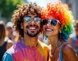 © miss irine - Happy gay couple smiles at Pride parade. Rainbow wig woman and man in tie dye shirt pose. Sunglasses reflect sunny summer day. LGBTQIA love celebration. Two cheerful people enjoy festival.