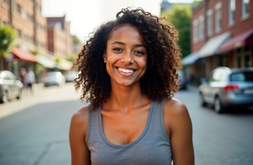 Wall Mural - Smiling young woman city street portrait. Happy black model wears tank top. Beautiful female face close up. People urban background. Summer day fashion.