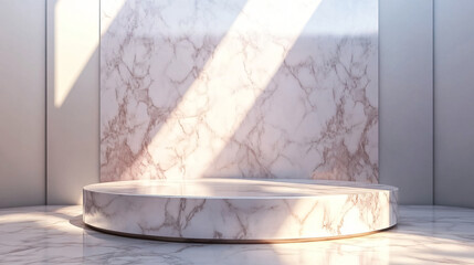 Aufkleber - Sunlight illuminating a round marble podium in a modern showroom, perfect for showcasing products