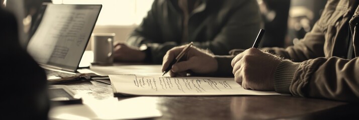 Fototapete - A person writing notes at a table with a laptop and a coffee cup nearby.