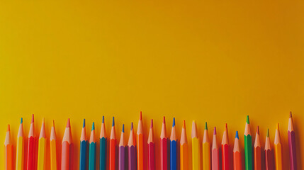 Poster - Colorful pencils creating a lower border against a yellow backdrop, with room for text or design