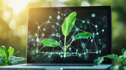 A computer screen shows a simple, geometric plant design.  This image represents smart farming technology using biotechnology and environmental science.