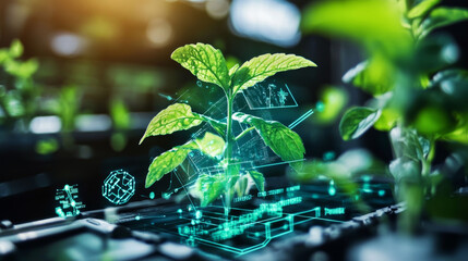 A computer screen shows a simple, geometric plant design.  This image represents smart farming technology using biotechnology and environmental science.