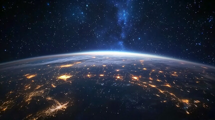 Poster - Mesmerizing view of earth at night from space, with glowing city lights under the milky way galaxy, showcasing the contrast between urban landscape and cosmic beauty