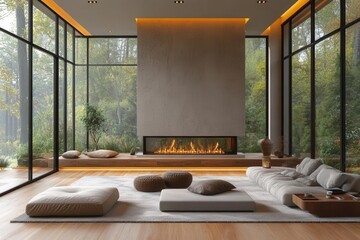 Wall Mural - modern interior design featuring a fireplace in a cozy house near a tranquil forest, spotlighting comfort and warmth in a serene 3d rendered space