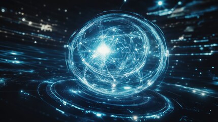 Aufkleber - A futuristic representation of an atom with glowing connections in a digital space.